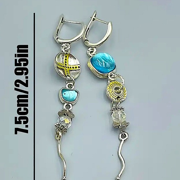 Antique Silver Flower Star Zircon Geometric Dangle Handmade Unique Earri… - Picture 4 of 4